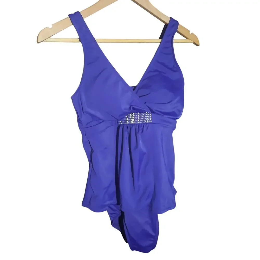 Trimshaper Tummy Control Purple V-Neck Swimsuit Rhinestone Embellished Size 8